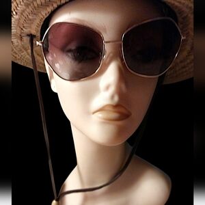 Women's Metal Frame Sunglasses with Brown Gradient Lenses and Chin Cord